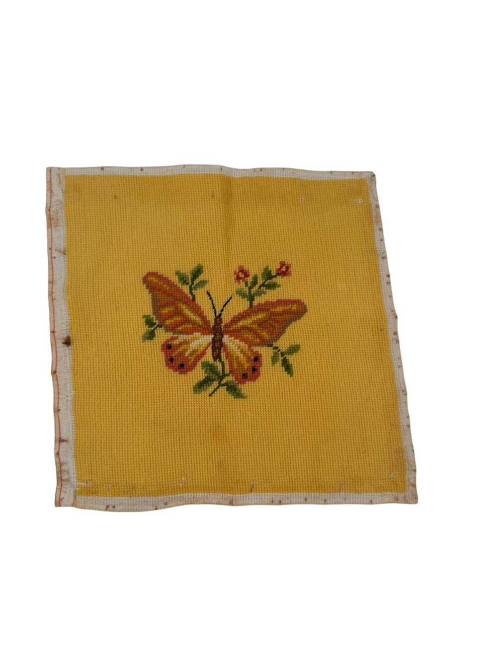 Vintage Needlepoint Butterfly Tapestry Gold Yellow Canvas 12x12" Pillow Chair Pr